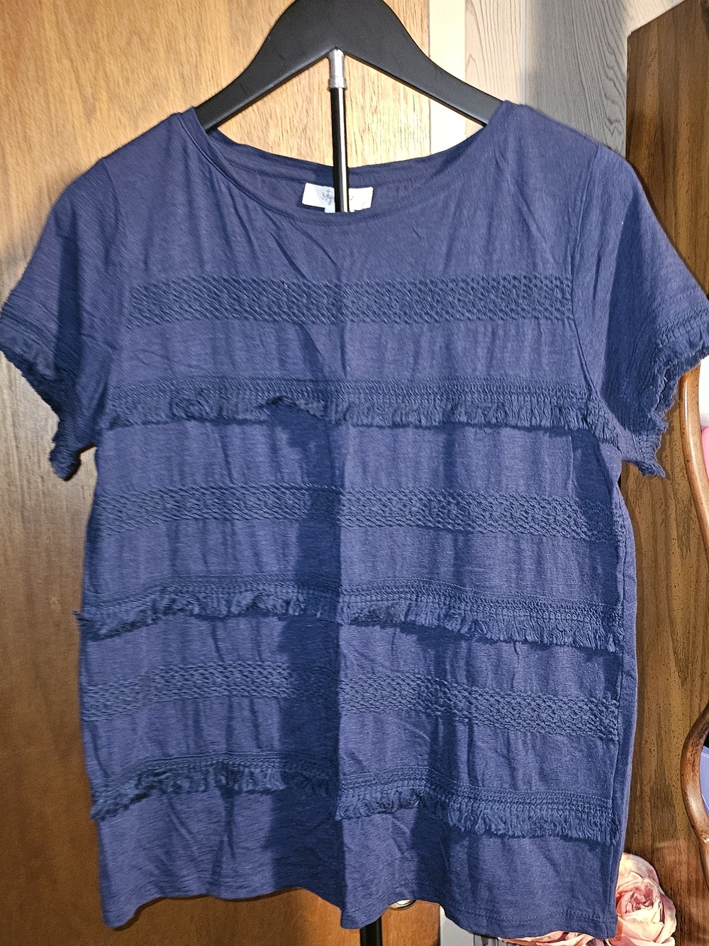 Style & Co. Navy Short-Sleeve Fringe Stripe Top